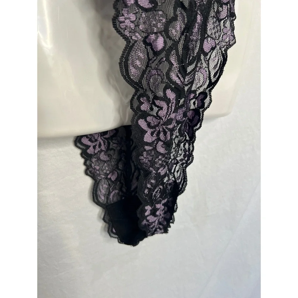 NWT Fredericks of Hollywood Halter Neck Lace Bodysuit XL Black Purple Lingerie
